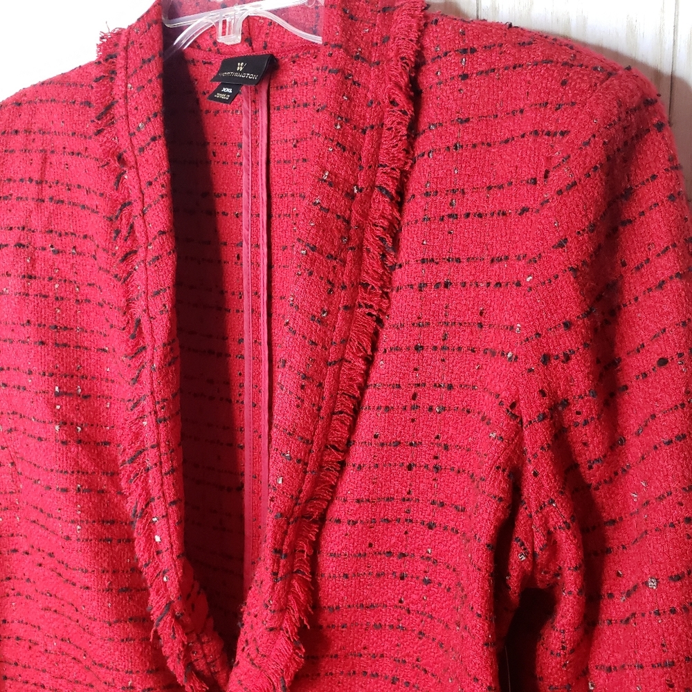 Worthington Womens Blazer Open Front Tweed Red & Black Plus Size XXL Jacket - Picture 2 of 16